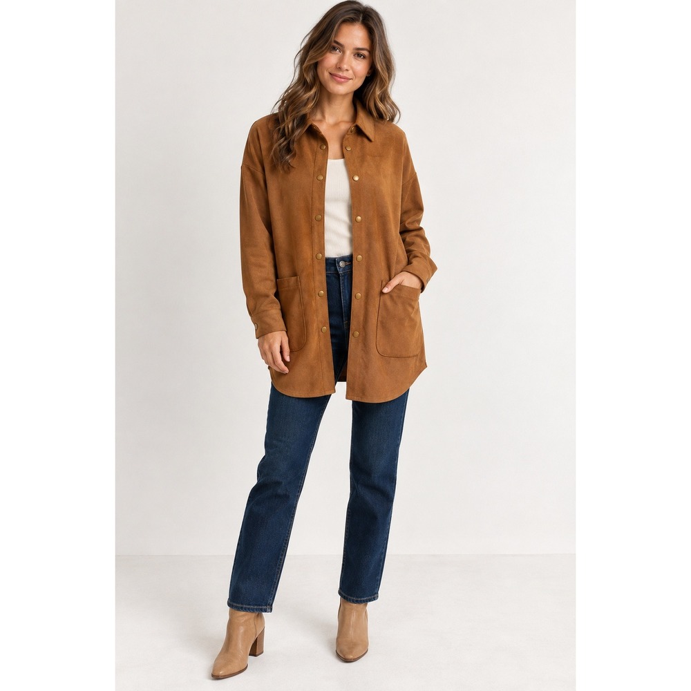 Well Worn Shacket Women XS Brown Faux Suede Western Boho Oversized Shirt Jacket